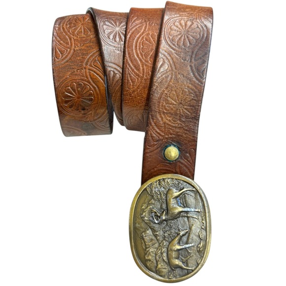 Indiana Metal Craft Accessories - Vintage Indiana Metal Craft Buckle Belt Brown Floral Embossed Leather Deer 32